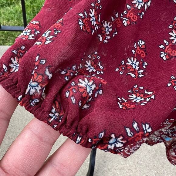 Aula sheer burgundy top, ruffle hem & open shoulder, women's size M - Picture 11 of 12